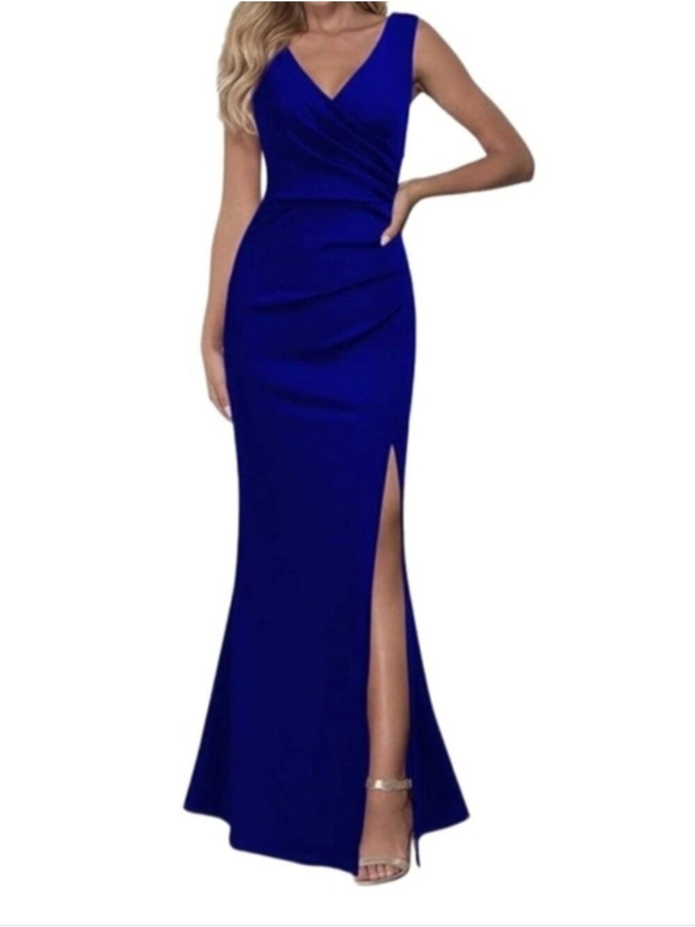WOOSEA LONG BODYCON BLUE SLEEVESS GOWN MAXI DRESS V NECK SIZE MEDIUM LIKE NEW!